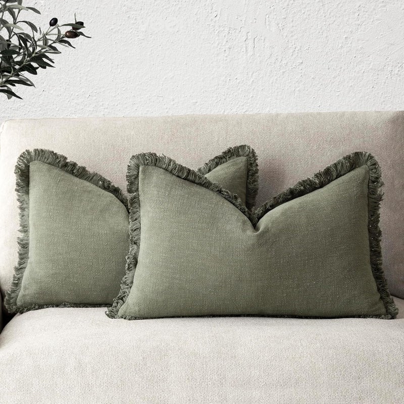 Foindtower Set of 2 Decorative Linen Fringe Lumbar Throw Pillow Covers Boho Farmhouse Cushion Cover with Tassels Soft Accent Pillowcase for Couch Sofa Bed Living Room Home Decor,12×20 Inch,Olive Green - Image 1